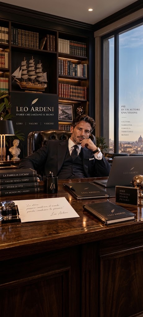 Ritratto editoriale di Leo Ardeni alla scrivania, in un ambiente elegante con una libreria sullo sfondo